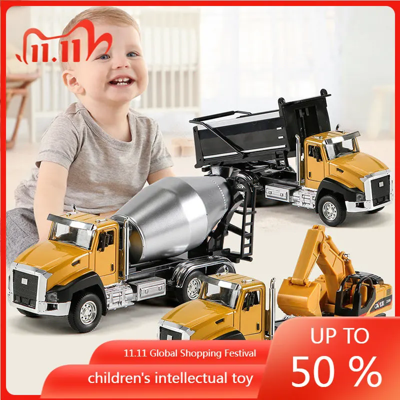 

3 Pack of Diecast Engineering Construction Vehicles Dump Digger Mixer Truck 1/50 Scale Metal Model Cars Pull Back Car Toys