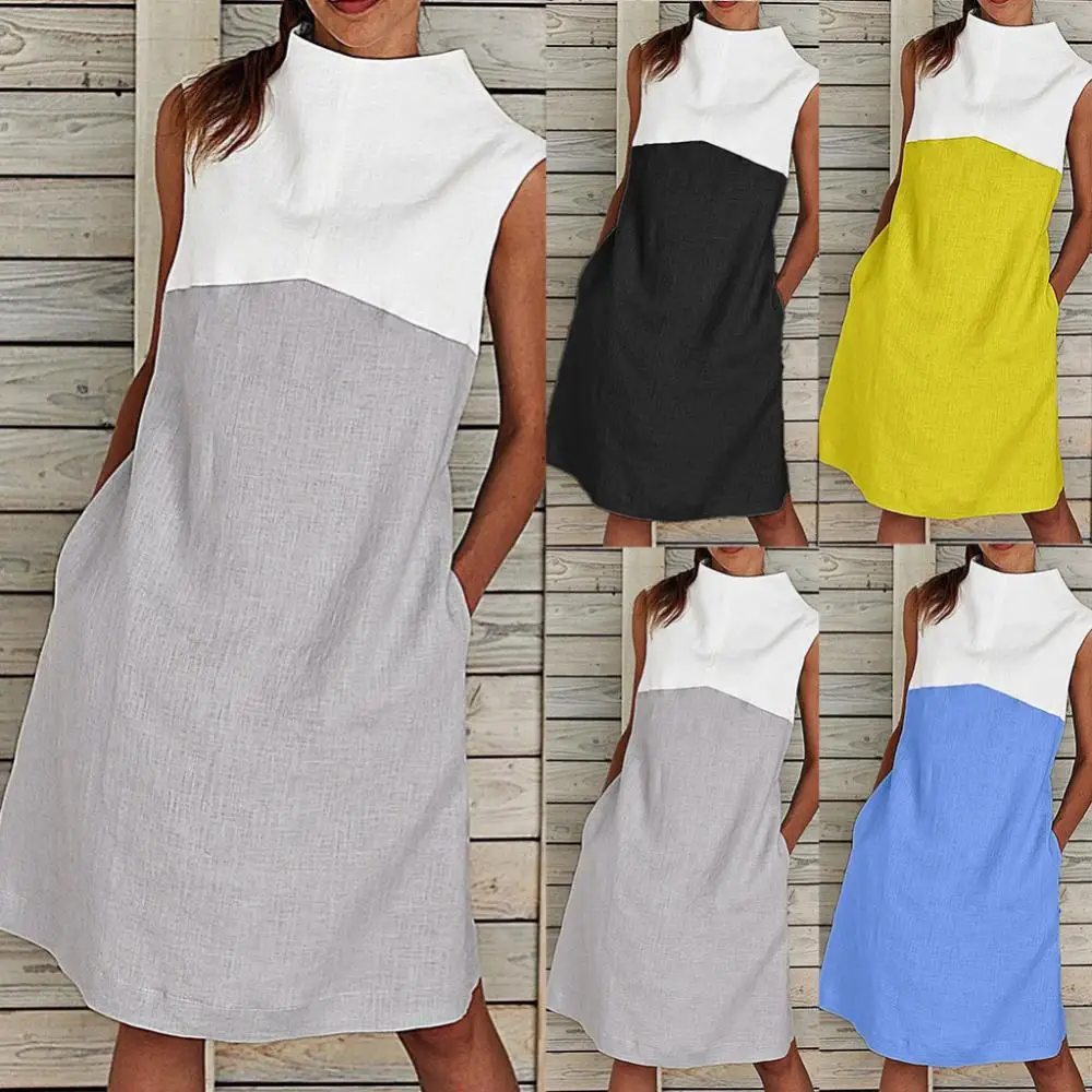 

Women Dresses Fashion Summer Casual Sleeveless Mock Neck Pockets Color Block Loose Knee-length Dress robe femme платье 2021