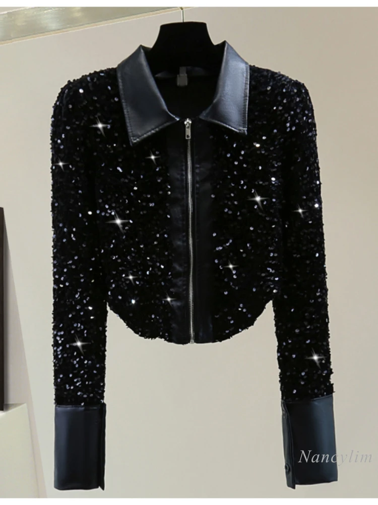 

PU Leather Stitching Sequins Jacket Women's Long-Sleeved Autumn Korean Style Slimming High Waist Short Velvet Zipper Coat Top
