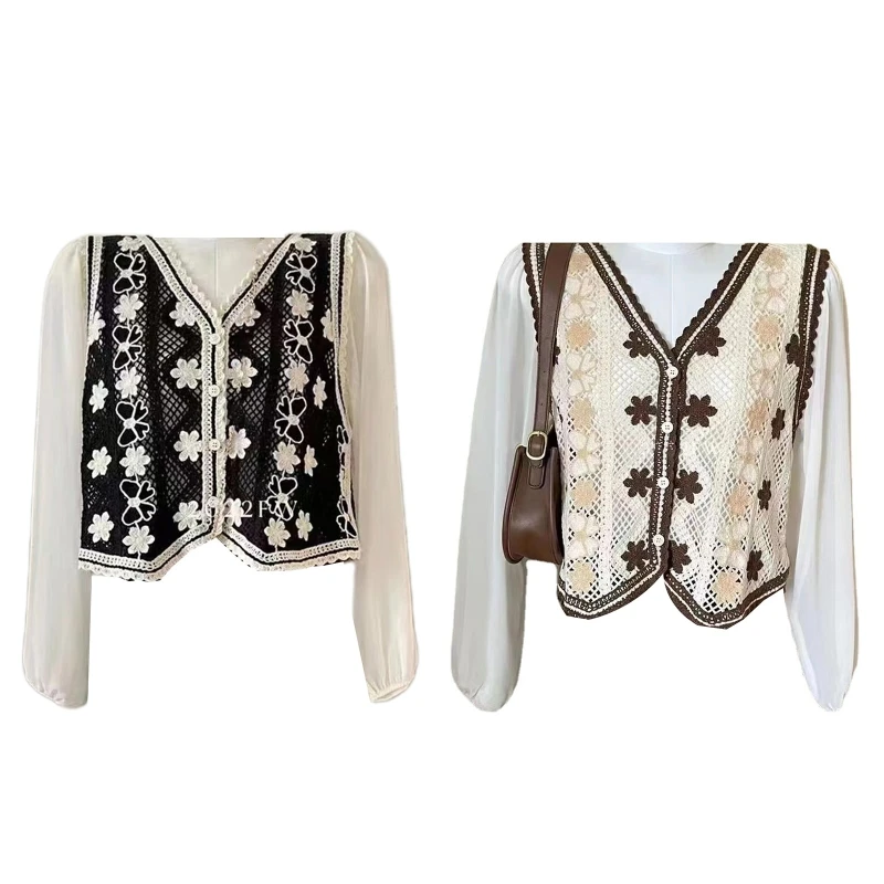 

Women Elegant Hollow Crochet Cardigan Chiffon Puff Sleeve Embroidery Crop Top