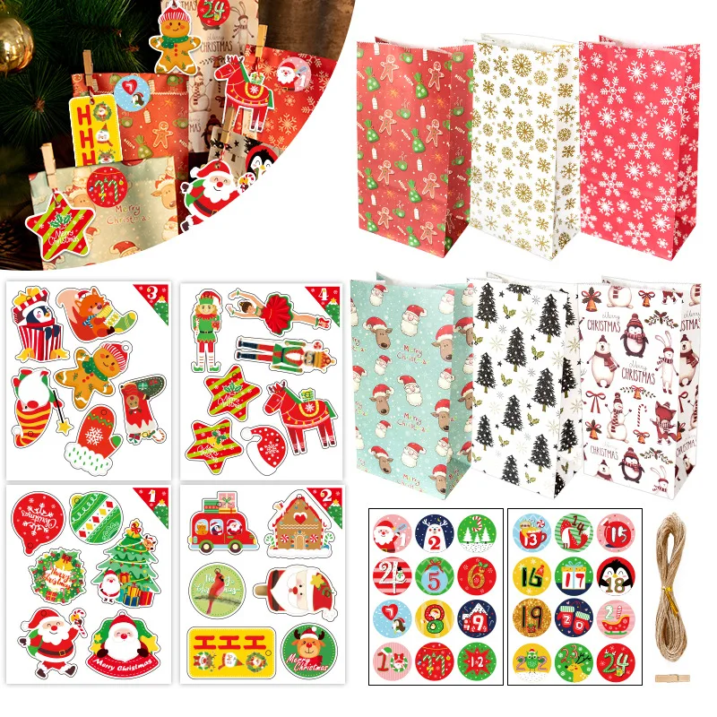 

24Sets Christmas Kraft Paper Gift Bag Xmas Party Holiday Candy Cookie Pouch Gift Bag Pack Santa Claus Snowman With Stickers