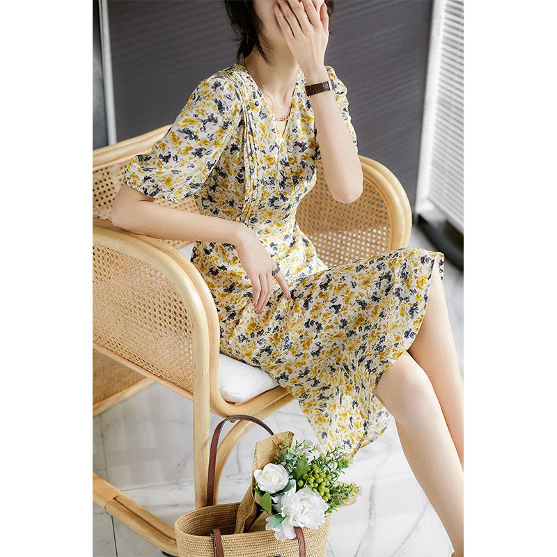 Bubble Sleeves Silk Dress Small Fresh Fragmented Mulberry Silk Long Dress 2023 Summer New Kikyo Dress Beach Dress