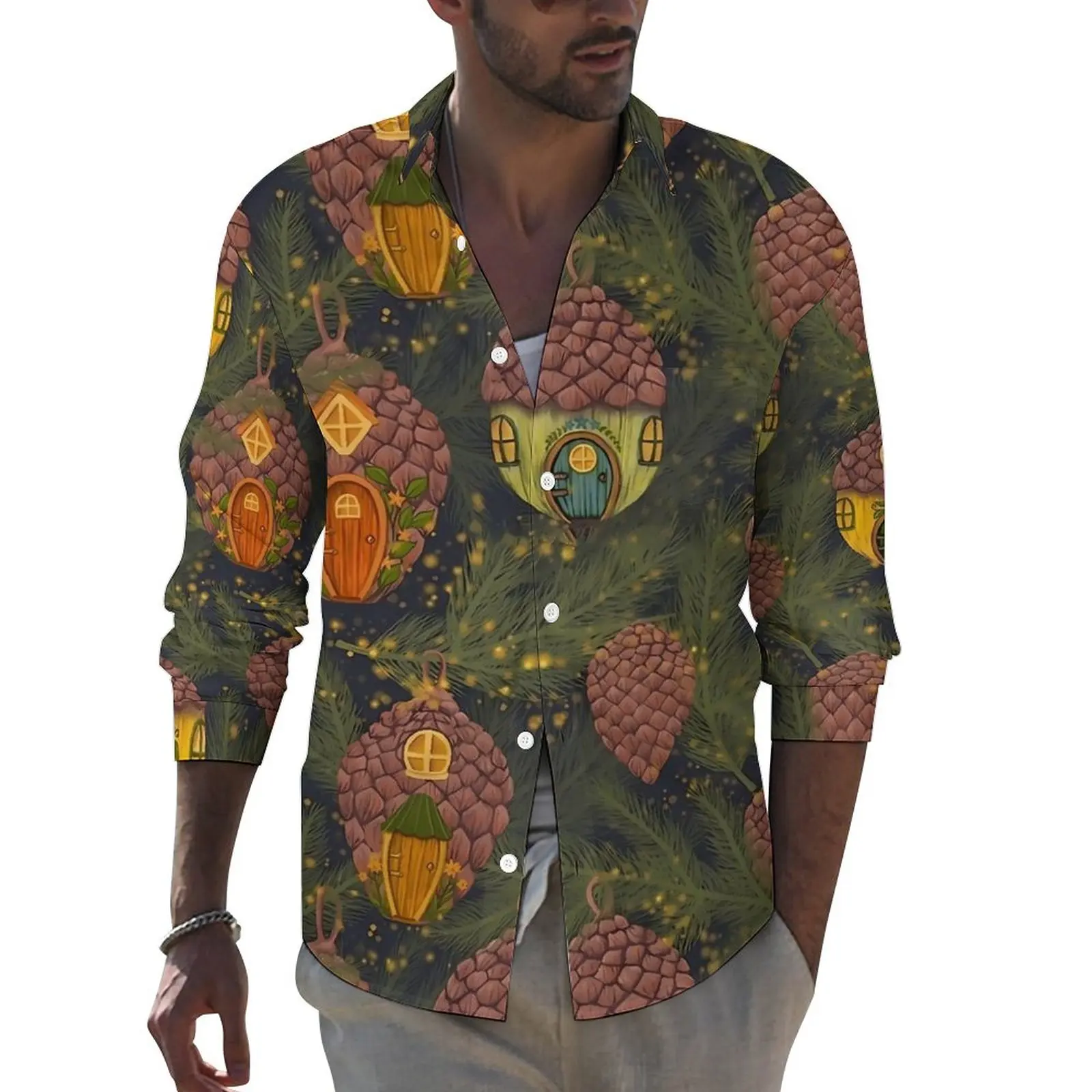

Pine Cones Village Casual Shirts Man Cartoon Print Shirt Long Sleeve Fashion Funny Blouses Spring Pattern Clothes Big Size