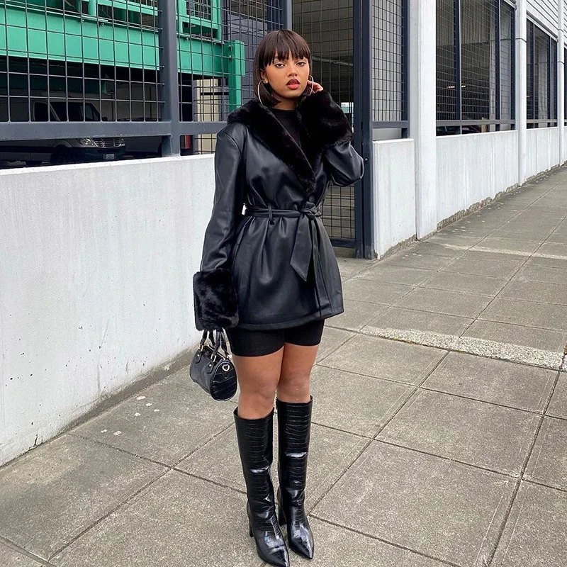 Parka Coat Fur Fur Collar Leather Ladies Fashion Loose Solid Color PU Leather Coat Ladies Elegant Lace-up Cotton Jacket Women