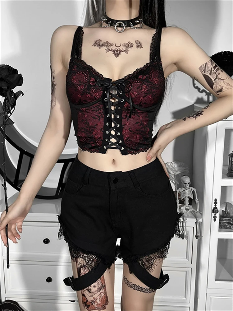 

Streetwear Women Sexy Camis Lace Edge Summer Fashion Corset Tanks Night Clubwear Goth V-neck Bandage Navel Y2k Female Crop Top