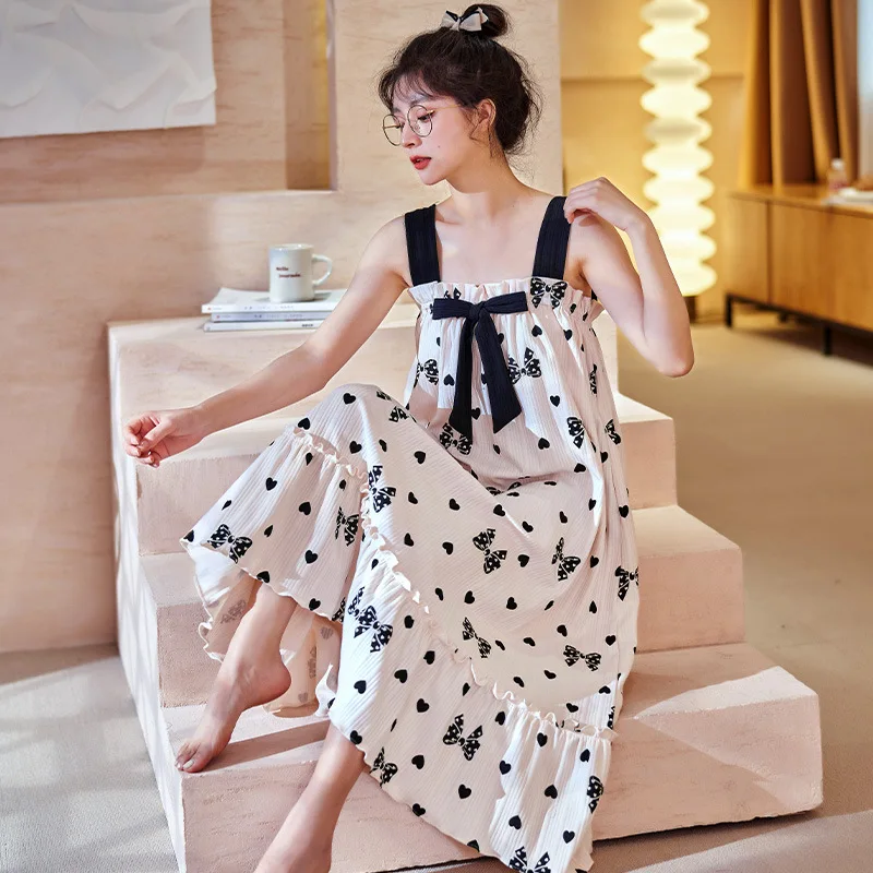 Women Cotton Sleepwear Casual Soft Love Heart Print Sleep Sleeveless Dress Pajamas