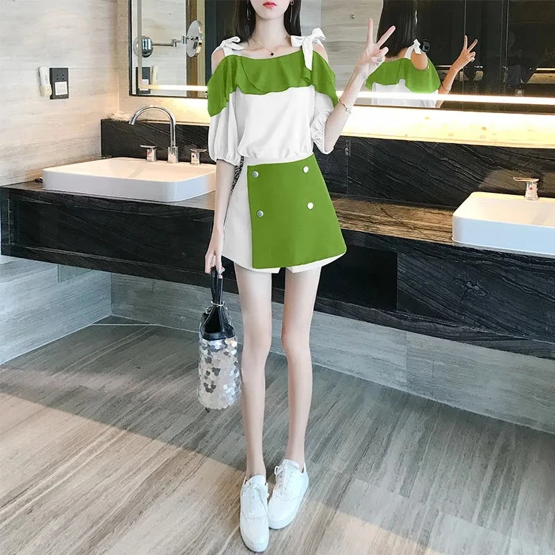 

Summer Dress 2023 New Slim One-Word Shoulder Skirt Suit Skirt Pants Two-Piece Patchwork Dress Female Summer Pants Sets Lady Shir