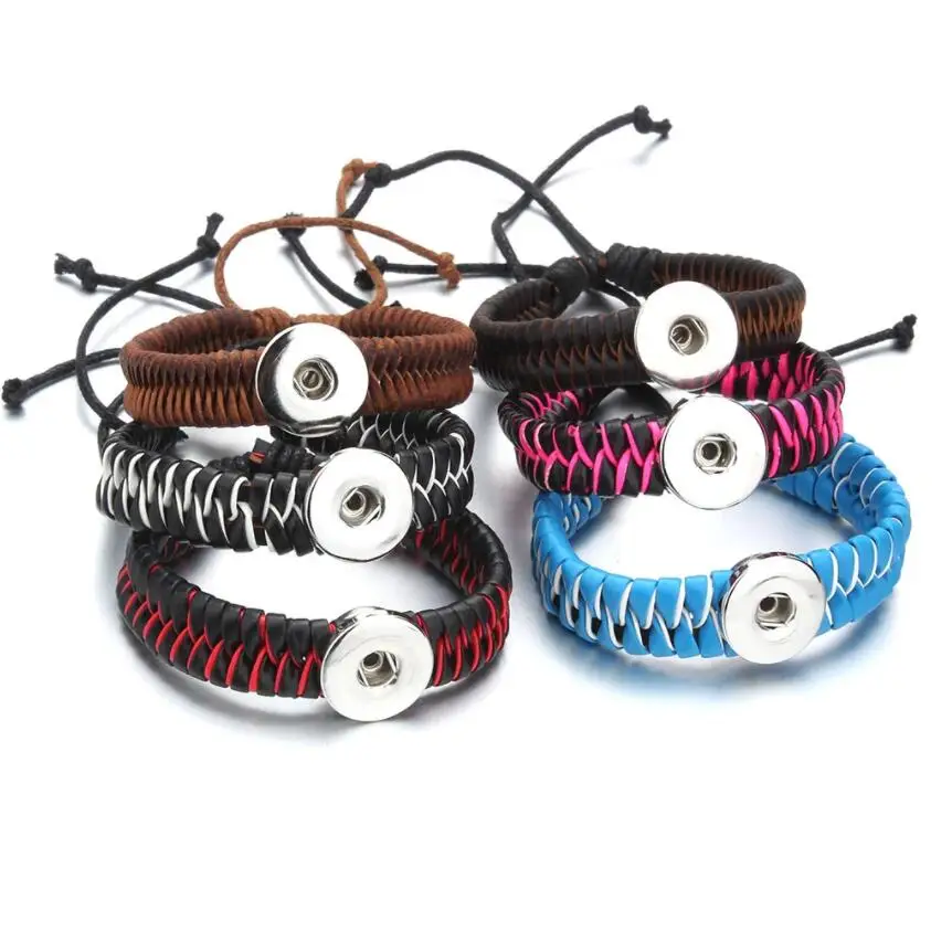 

New Snap Buttons Jewelry Bracelets Handmade Braided Leather Snap Bracelet Bangles Fit 18mm Snap Button DIY Ginger Charm Bracelet