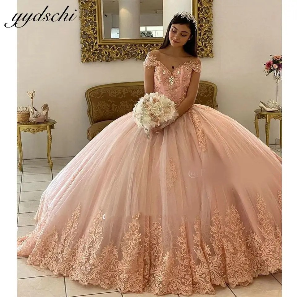 

2022 Pink Off The Shoulder Quinceanera Dresses For Ball Gown Princess Appliques Tulle Birthday Party Dress Vestidos De 15 Años
