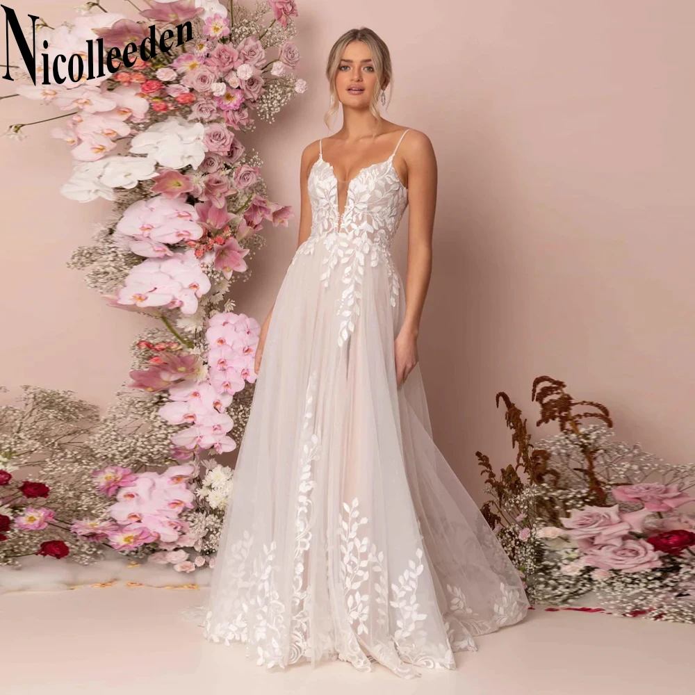 

Nicolle Charming A-LINE Wedding Dresses For Bride V-Neck Backless Tulle Lace Appliques Spaghetti Straps Court Train Customised
