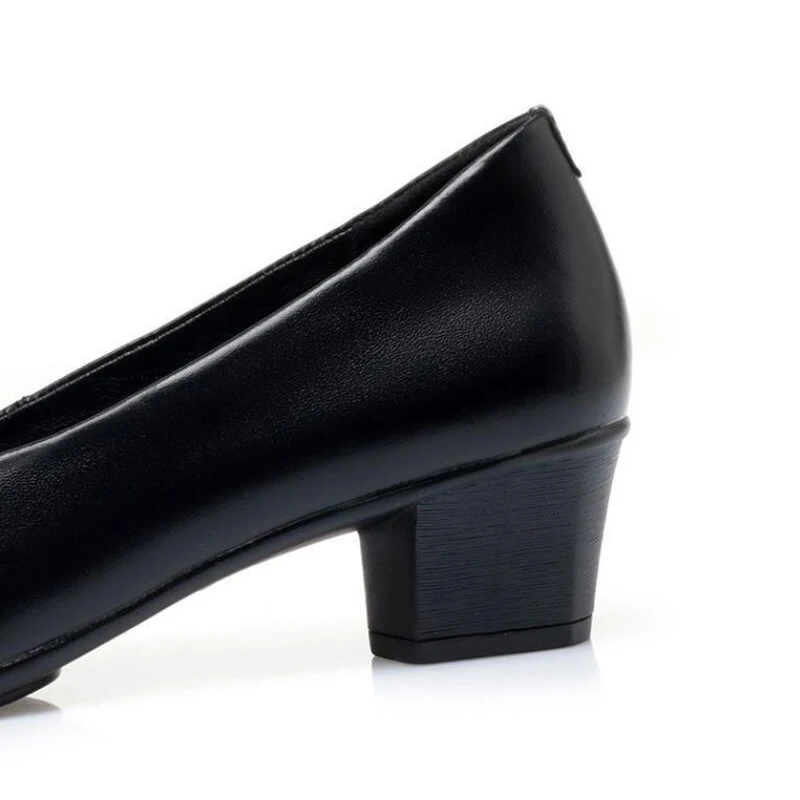 Women Mid Heel Single Shoes Office Lady Pumps PU Leather Black Basic Square Heeled Spring Autumn Loafers Female Zapatos