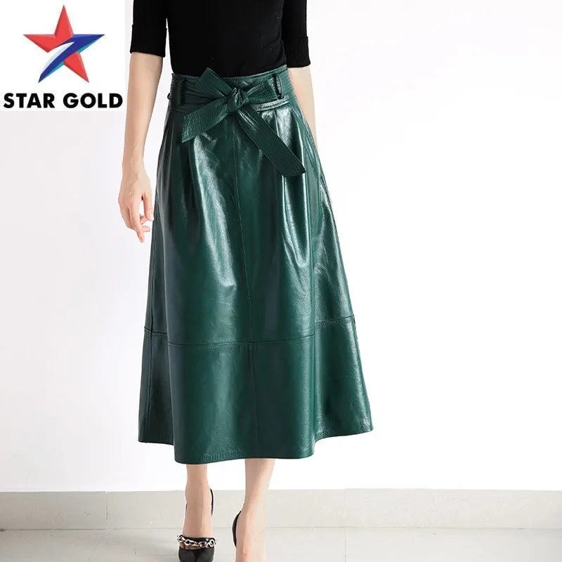 

High Waist Vintage Butterfly-Knot Sashes Long 100% Natural Leather Sheepskin Luxury Elegant Pockets Skirts Women