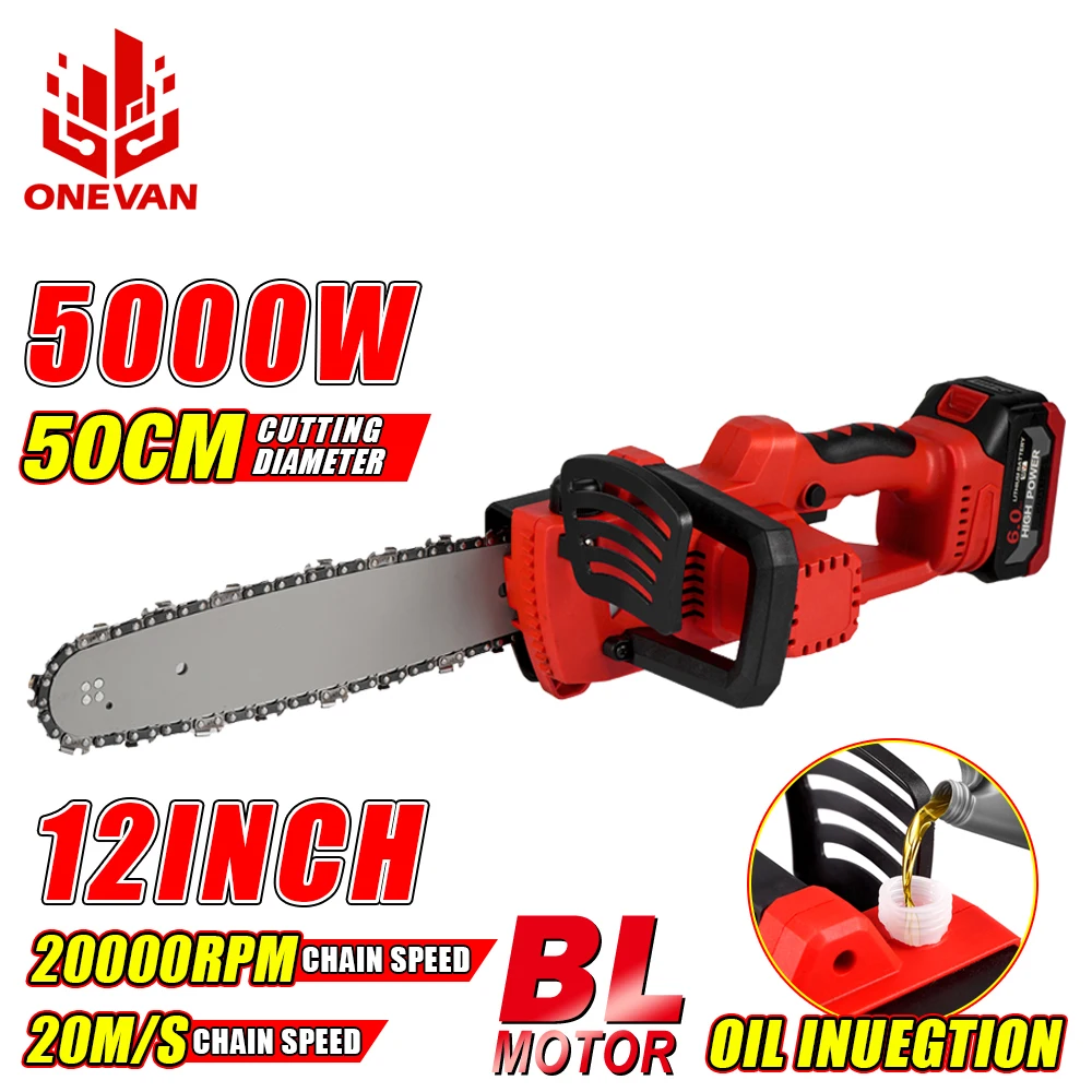 

ONEVAN 5000W 12inch Cordless Electric Chainsaw Brushless Motor Garden Woodworking Power Tool Wood Cutter For Makita 18V Battery