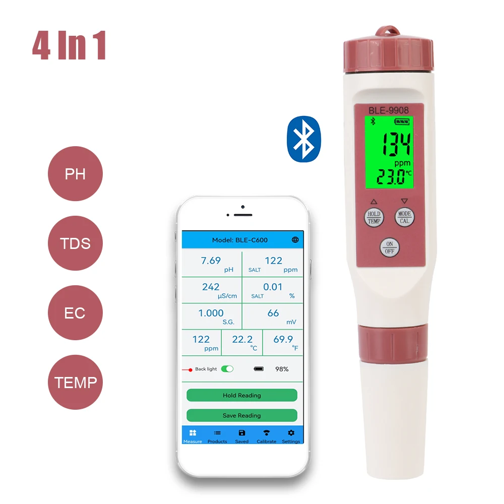 

Online APP Control Temp EC TDS PH Meter Portable 4 In 1 Bluetooth Water Quality Tester BLE-9908 For Drinking Laboratory Aquarium