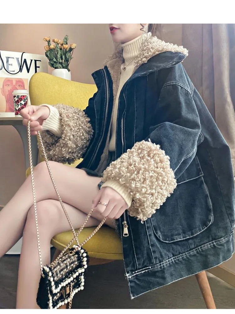 

Denim Cotton Clothes Women's New Autumn And Winter 2020 Black Plush Thickened Coat Loose Imitation Lamb Wool Cotton Clothes
