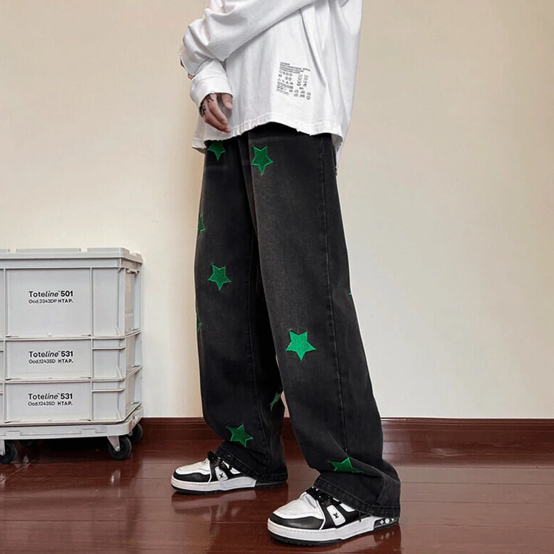Mens Y2K Clothes Jeans Star Embroidery Denim Trousers  Streetwear Baggy Pants Casual Jean Vintage Hip Hop Wide Leg Pants Men