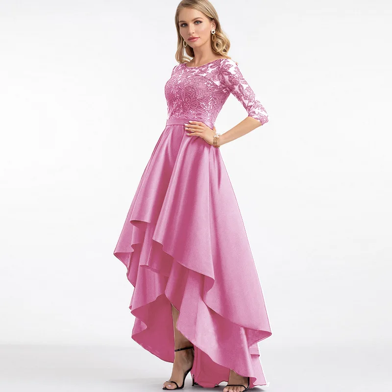 Women Elegant Cocktail Hollow Lace-up Crew Neck Half Sleeve Prom Party Dress Fashion Slim Waist Pleated Evening Dresses