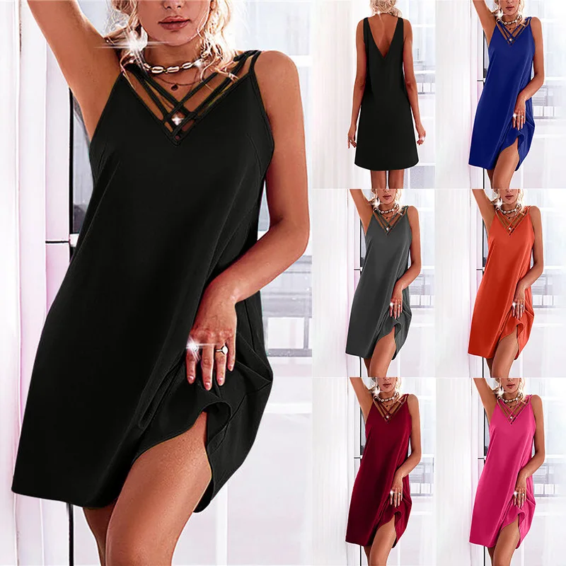 2022 Summer Women's Backless Sling Sexy Crossover Tank Top Dress Casual Loose Solid Color Fashion Sleeveless V Neck Beach Dress