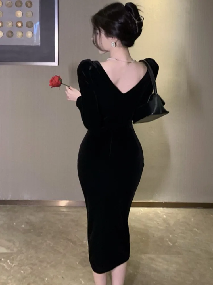 Сексуальное винтажное бархатное черное платье для женщин осеннее облегающее