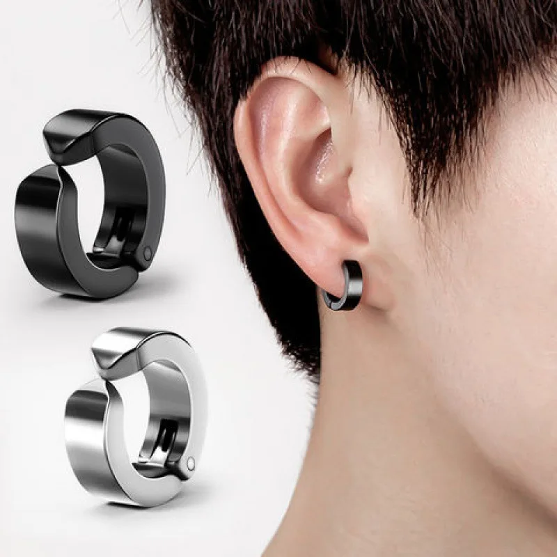 

1 Pair Classic Punk Stainless Steel Ear Clip On Earrings for Men Women Black No Pierced Fake Ear Circle Hip Pop Jewelry