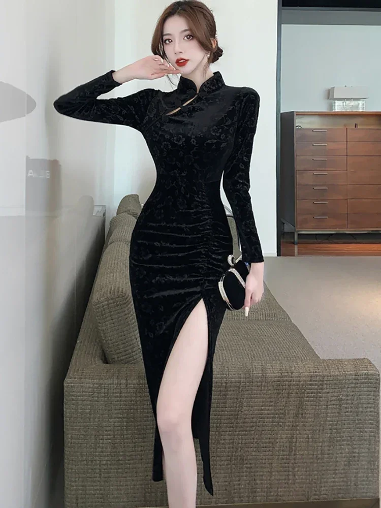 2024 черное бархатное жаккардовое длинное платье с цветочным рисунком женское