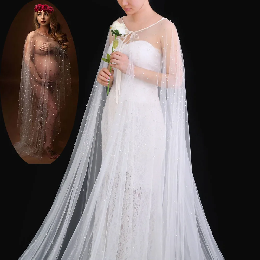 See Through Pearl Tulle Maternity Cape For Photo Shoot Pregnant Woman Pearl Tulle Cape Bridal cloak enlarge