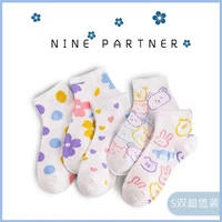 1pair new cartoon bear white lowtop socks girl spring summer and autumn harajuku love flower polka dot cotton socks