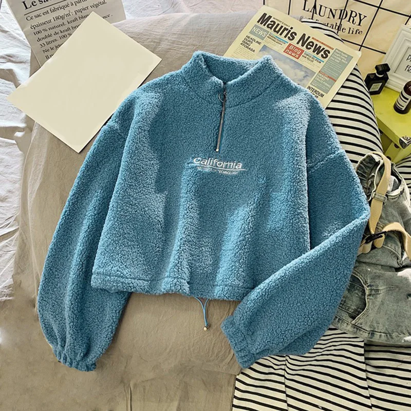 New Women Lamb Wool Short Sweatshirt Zipper Pocket Thick  Half High Collar Jacket Autumn Winter Warm Soft Long Sleeve Tops Coats