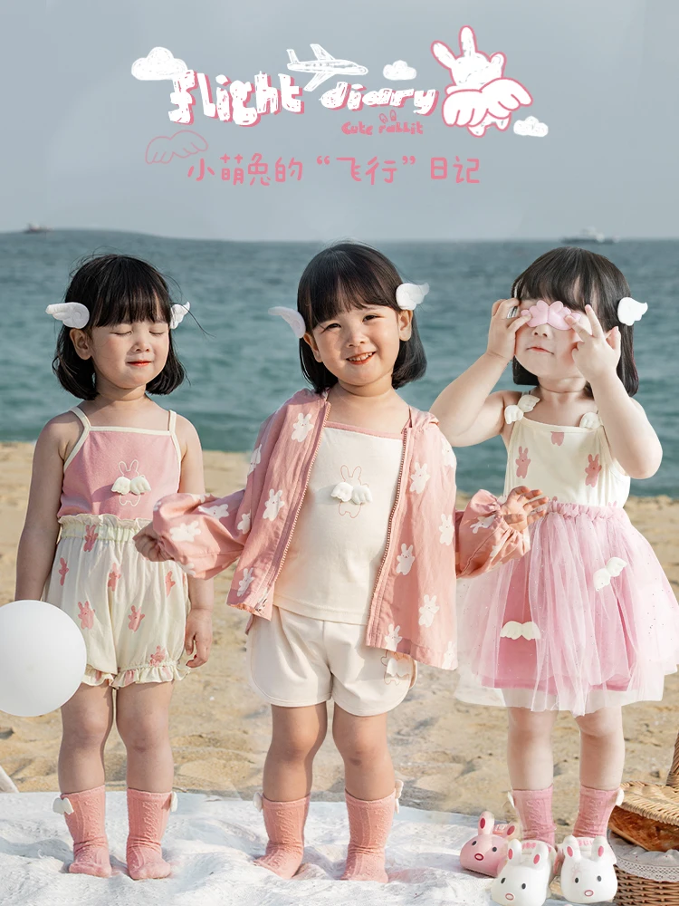

Summer Girls Suspenders Bunny Print Three-Dimensional Wings Vest Baby New Sunscreen Clothing Shorts Casual Suit Tide
