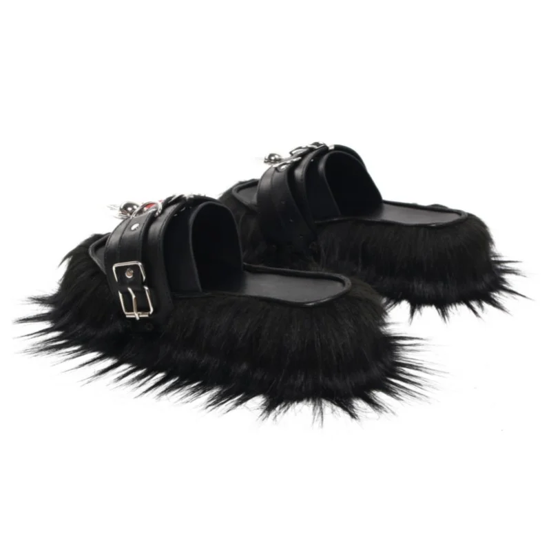 Sinking SINKing | Net Series Faux Fur Black Sliders Black Punk Fur Slippers