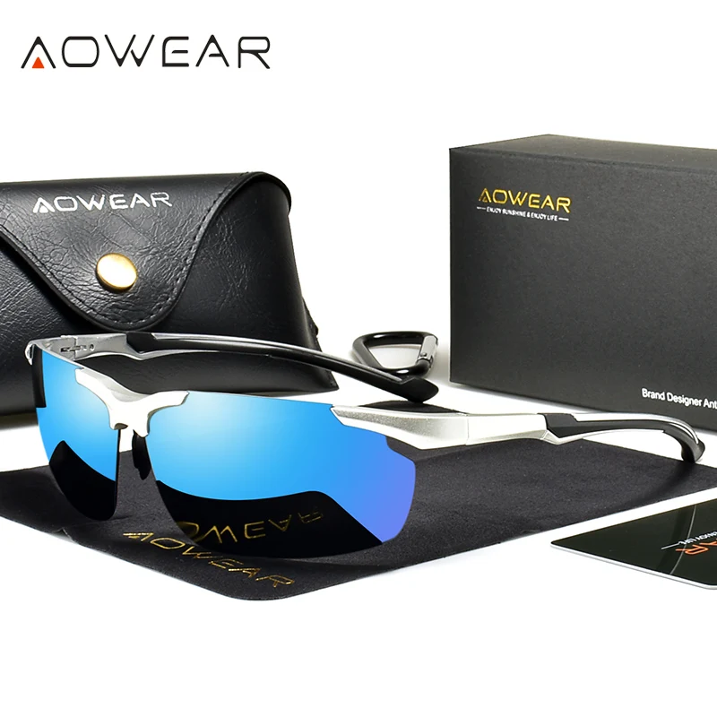 Мужские солнцезащитные очки без оправы AOWEAR, поляризационные алюминиевые спортивные зеркальные солнцезащитные очки HD для рыбалки, мужские очки 2023