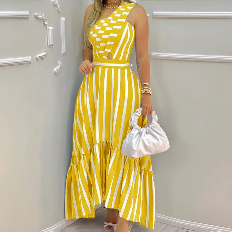 

Womenswear 2023 Summer Resort Beach Style Stripe Print Slanted Shoulder Big Skirt Dress