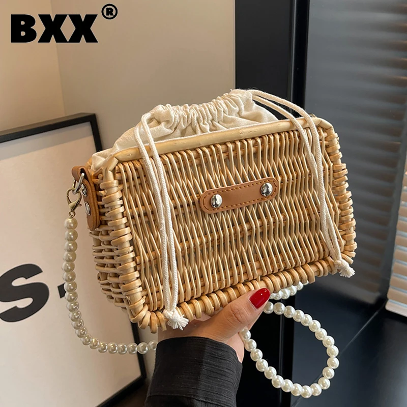 

[BXX] Woven Crossbody Bag For Women 2023 New Fashion Top Capacity Pearl Chain Shoulder Bags Beach Vacation Handbag 8AB504