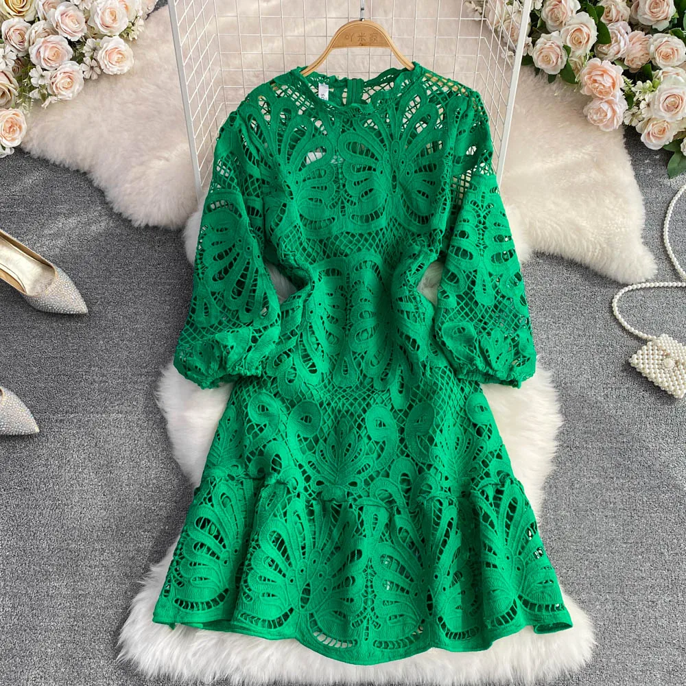 

SuperAen Autumn European and American Korean Style Half High Collar Lantern Sleeve Hollowed Out A-line Lace Dress