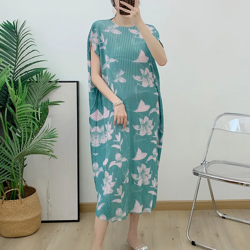 

Pleated Dress For Women Print Floral Round Collar Loose Short Sleeve 2023 Summer Elegant Female Fashion Clothing