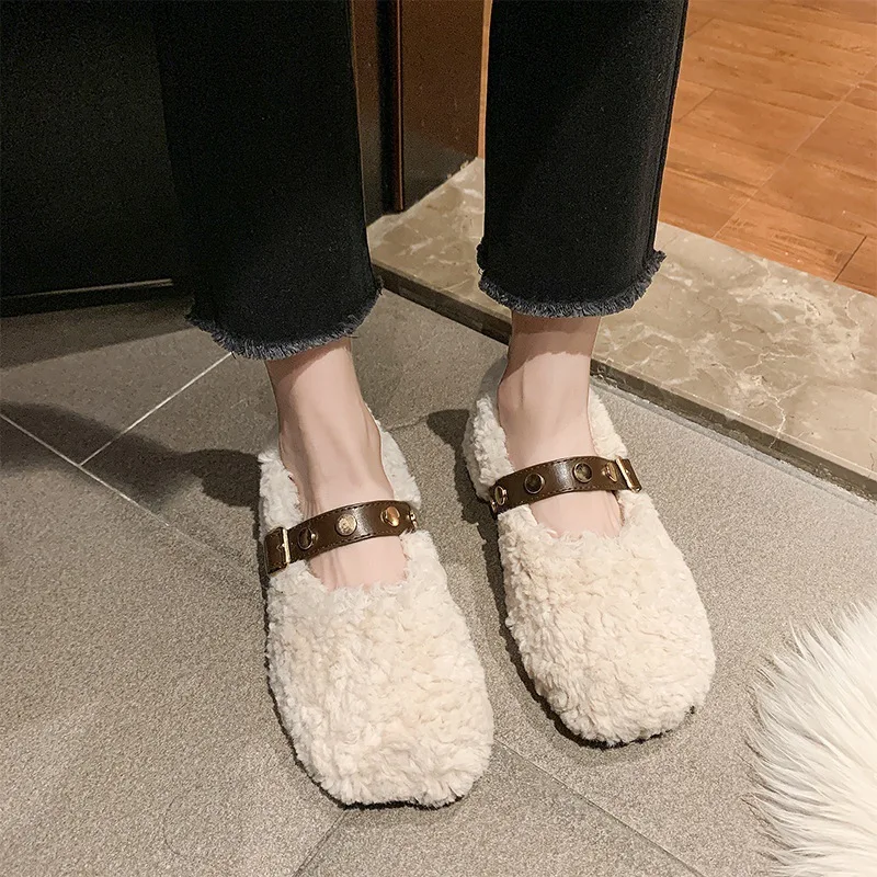 Women's Plush Shoes, Women's Outer Wear, New Autumn and Winter Plus Velvet Cotton Shoes, Mary Jane Flat-bottomed Slip-on Shoes