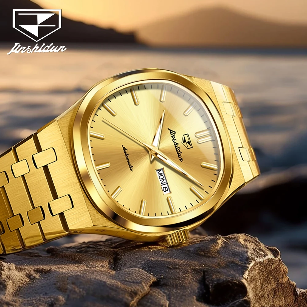 Фото Мужские часы JINSHIDUN 8966 Luxury, модные квадратные часы с металлическим браслетом, автоматический механический механизм, двойной календарь, деловые часы для мужчин. №4