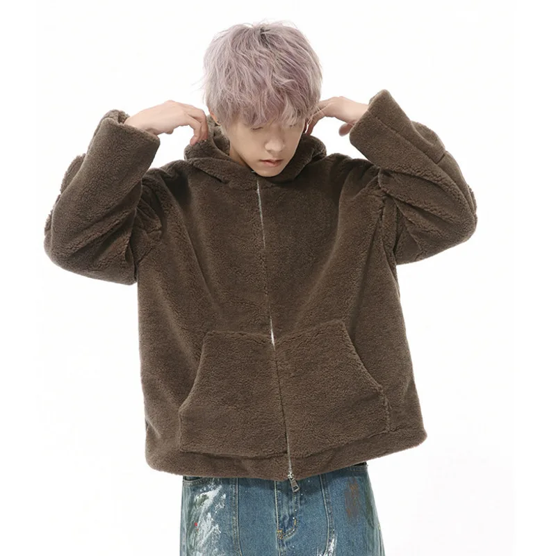 Нишевый дизайн мужские флисовые куртки с капюшоном однотонная свободная одежда