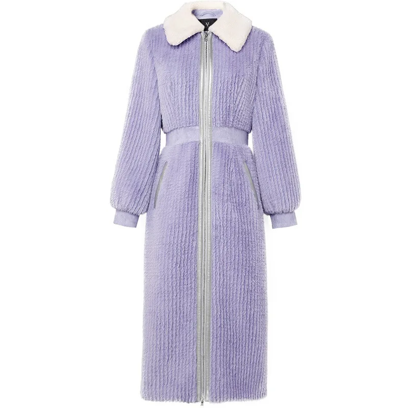 COZOK Woman Mink Plush Jackets Lapel Full Sleeve Slim Waist Casual Style Elegant Super Long Outcoat  2022 Winter Fashion