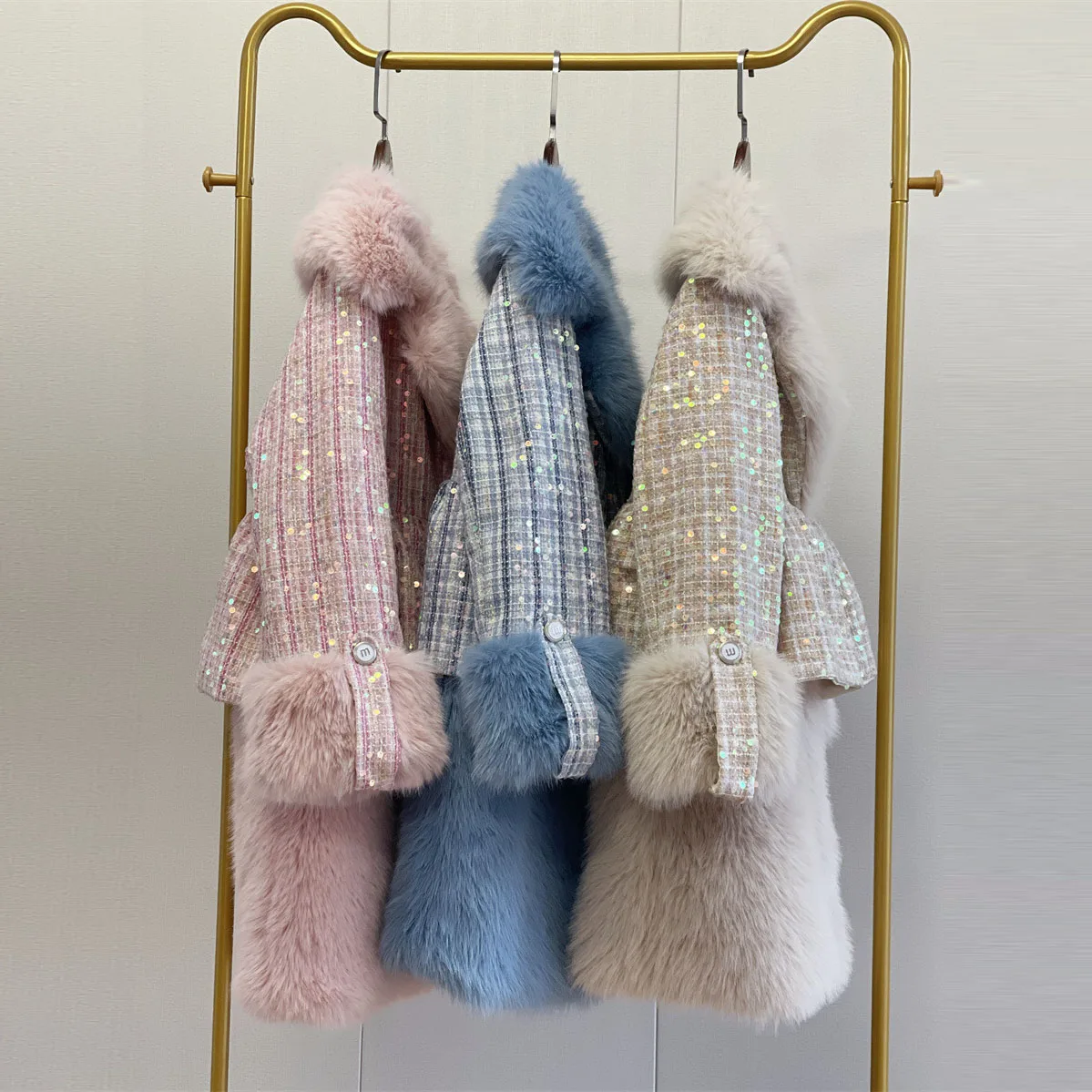 Faux Fur Coat Women 2022 Autumn Winter Patchwork Sequins Long Tweed Jackets Female Casual Elegant Loose Turn Down Collar Outwear