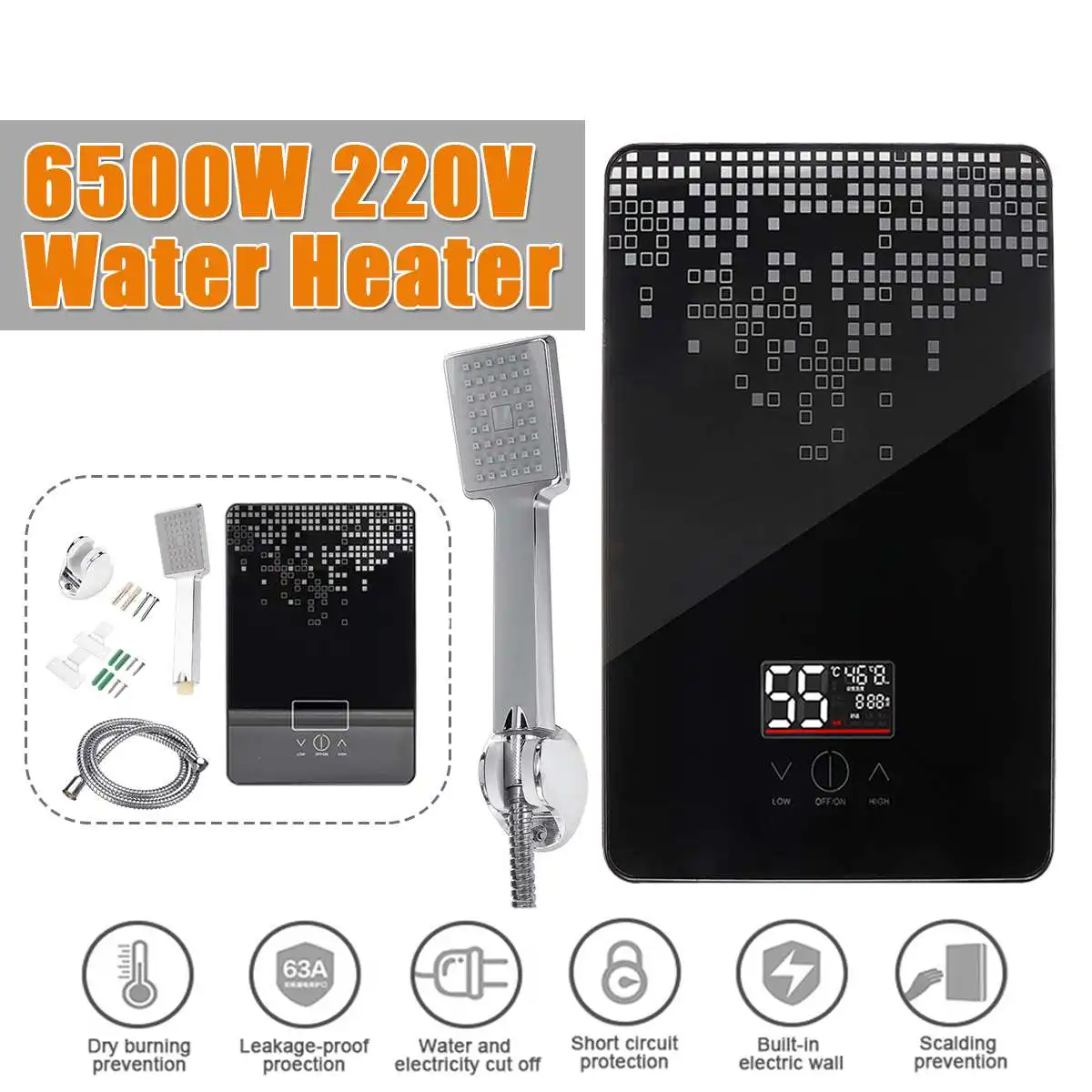 220V 6500W Electric Hot Water Heater Tankless Instant Boiler Bathroom Tankless Shower Set Thermostat Safe Intelligent Automatica