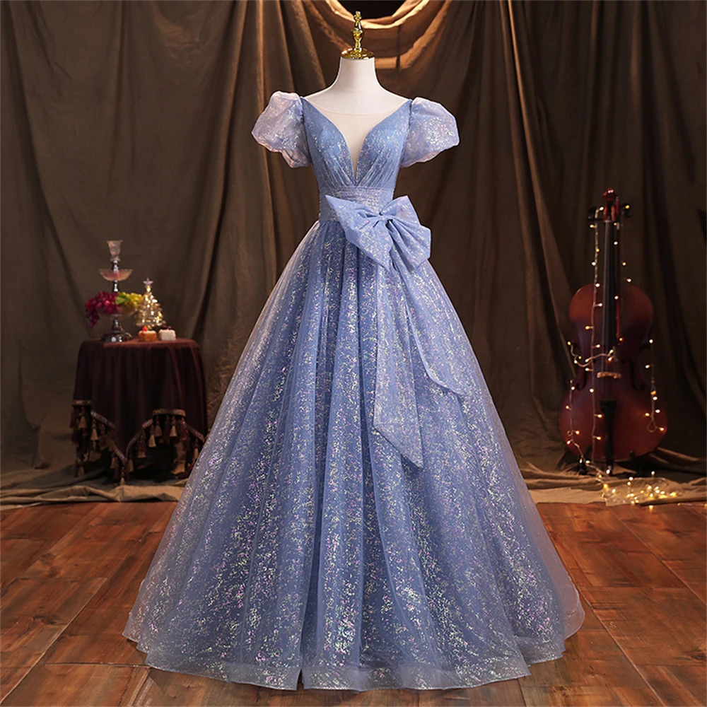 

V-neck Puff Sleeve Elegant Formal Dresses For Women With Bowknot Blue Prom Evening Party Gown