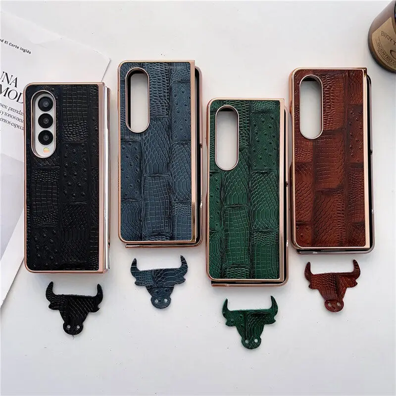 

Genuine Cowhide Leather Retro Case for Samsung Galaxy Z Fold 4 Fold4 Glossy Frame Vintage Crcodile Ostrich Grain Splicing Cover