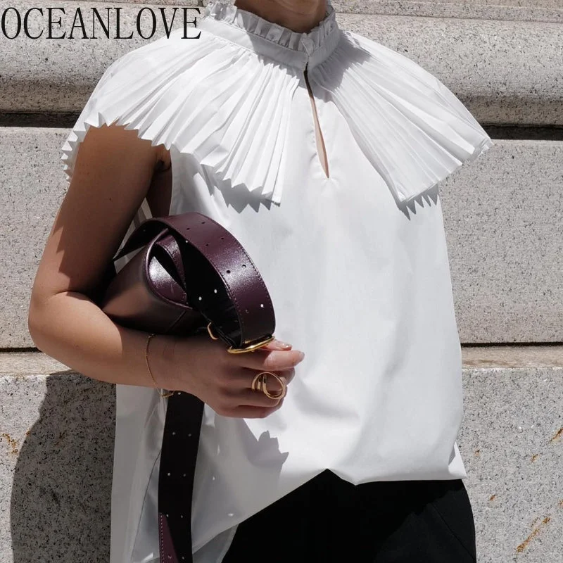 

Japan Style Women Shirts Pleated Solid White Summer Vintage Blouses Oice Lady High Quality Elegant Blusas Mujer