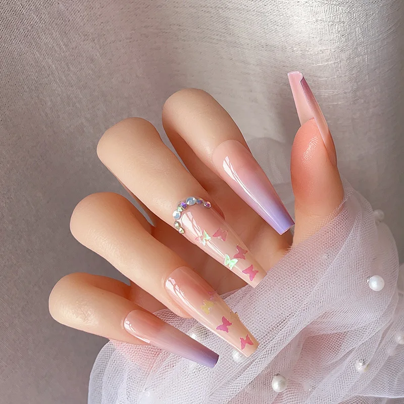 

24pcs/set Artificial Fake Nails Butterfly Sequins Point Drill Long Ballet Nail Purple Wear-resistant Coffin Nail Nail Patch