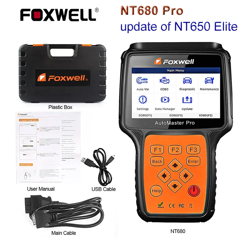 Диагностический сканер Foxwell NT680 pro для всех систем с масляным светильник/сбросом обслуживания + функциями EPB, обновленная версия полной системы NT624