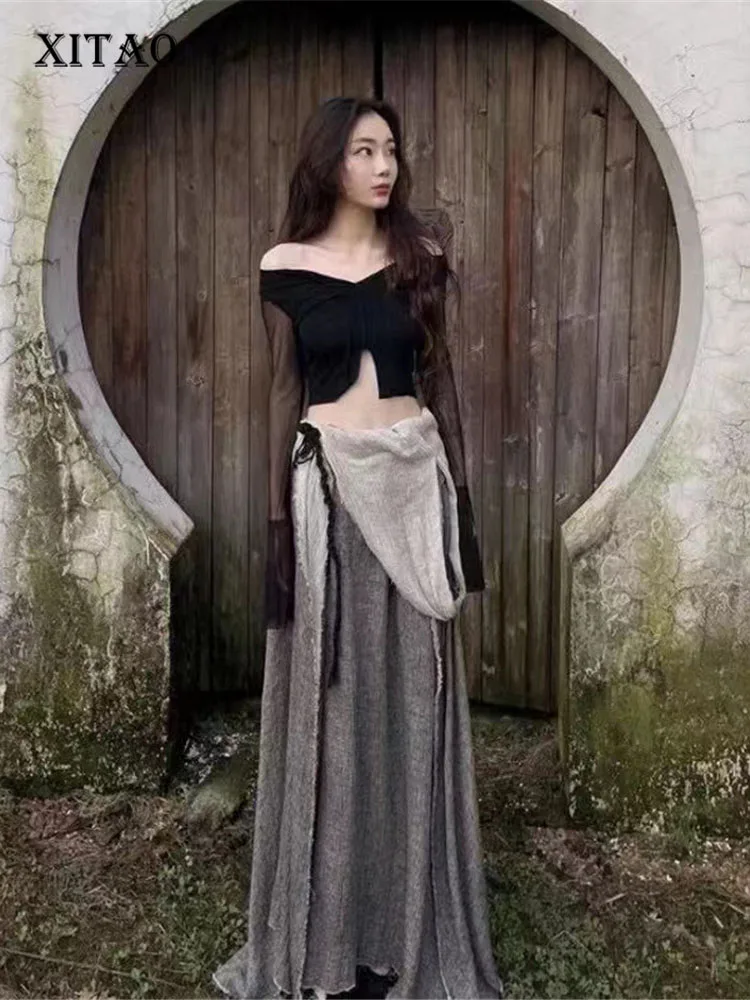 

XITAO Sexy Style T Shirt Fashion Pullover Black Mesh Off Shoulder Patchwork Small Fresh Solid Color 2022 Summer Tee WLD7551