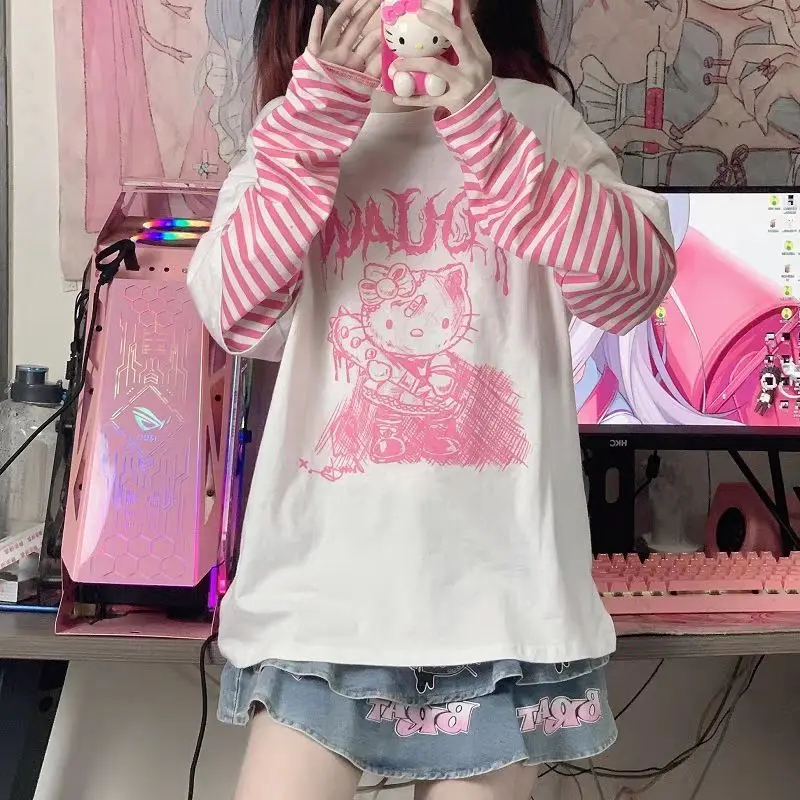Kawaii Sanrio Hellokitty T-Shirt Kt Cat Cartoon Print Sweet Cool Women Long Sleeve Loose Fake Two Top Clothes Soft Girl Gift