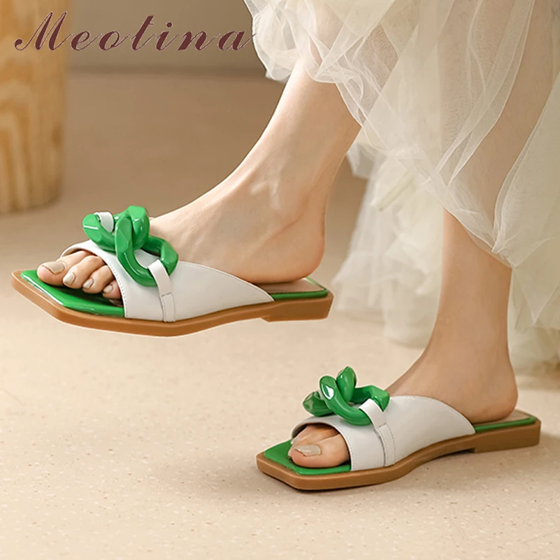 

Meotina Women Genuine Leather Sandals Square Toe Platform Flat Slides Chain Mixed Colors Design Slippers Summer Ladies Shoes