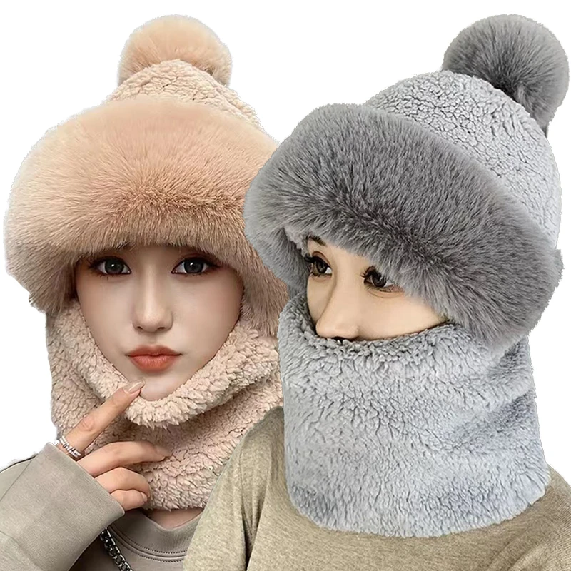 

Winter Beanie Scarf Set Women Hooded Fur Cashmere Neck Warm Russia Outdoor Ski Windproof Hat Thick Plush Fluffy Beanies 2022